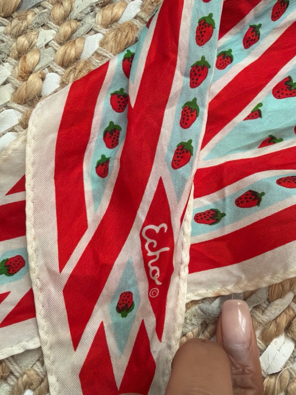 Echo Strawberry Print Scarf in Red, Light Blue, Green - Picture 2 of 3